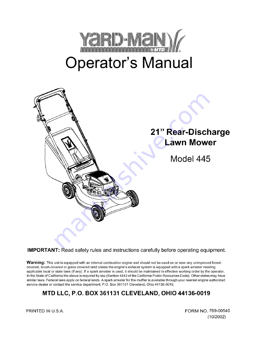 Yard-Man 445 Скачать руководство пользователя страница 1