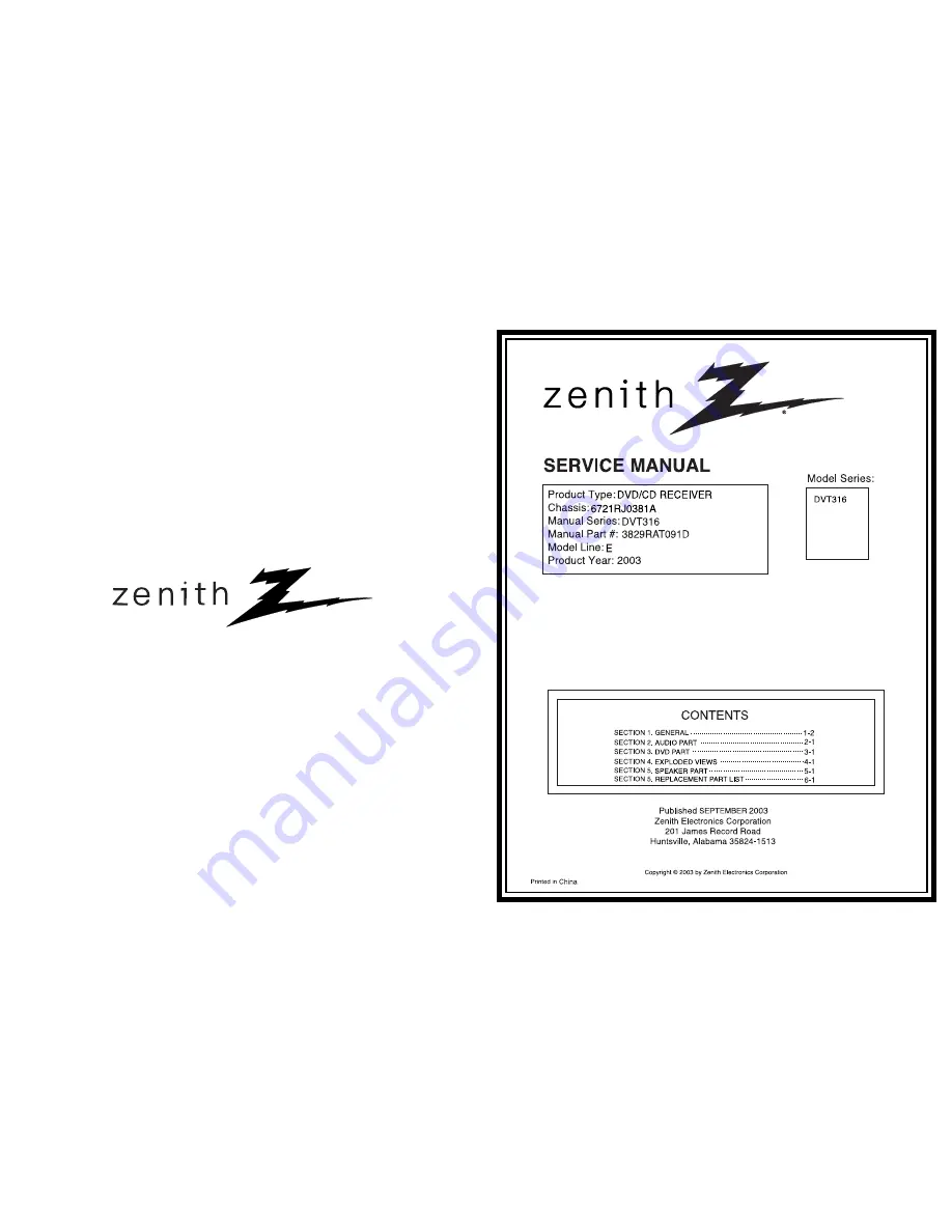 Zenith DVT316 Series Service Manual Download Page 1